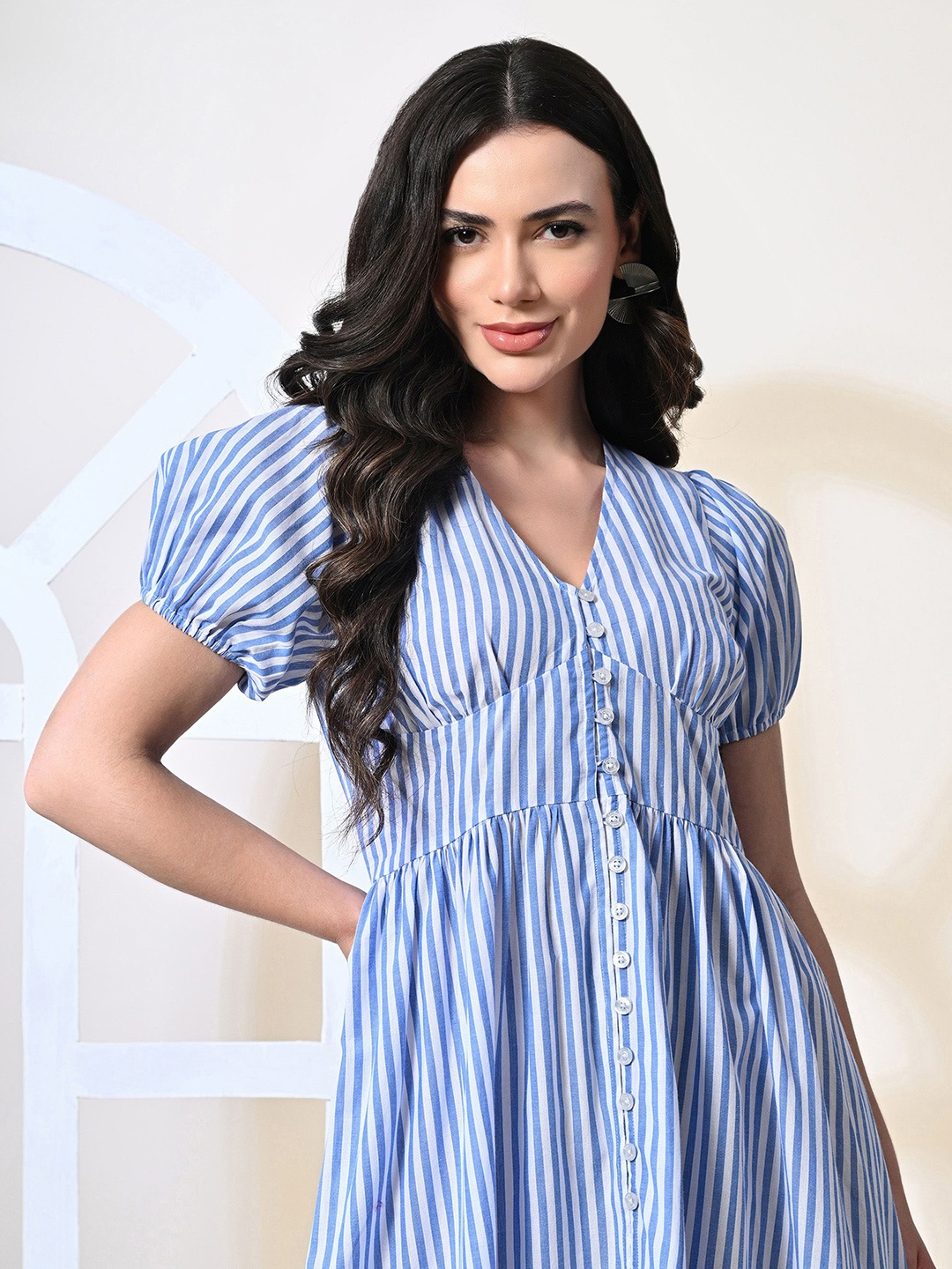 

PANDORNA Striped Puff Sleeve Fit & Flare Midi Dress, Blue