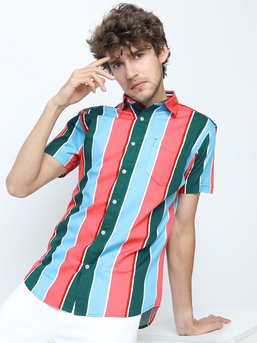 

HIGHLANDER Men Slim Fit Multi Stripes Opaque Striped Casual Shirt, Pink