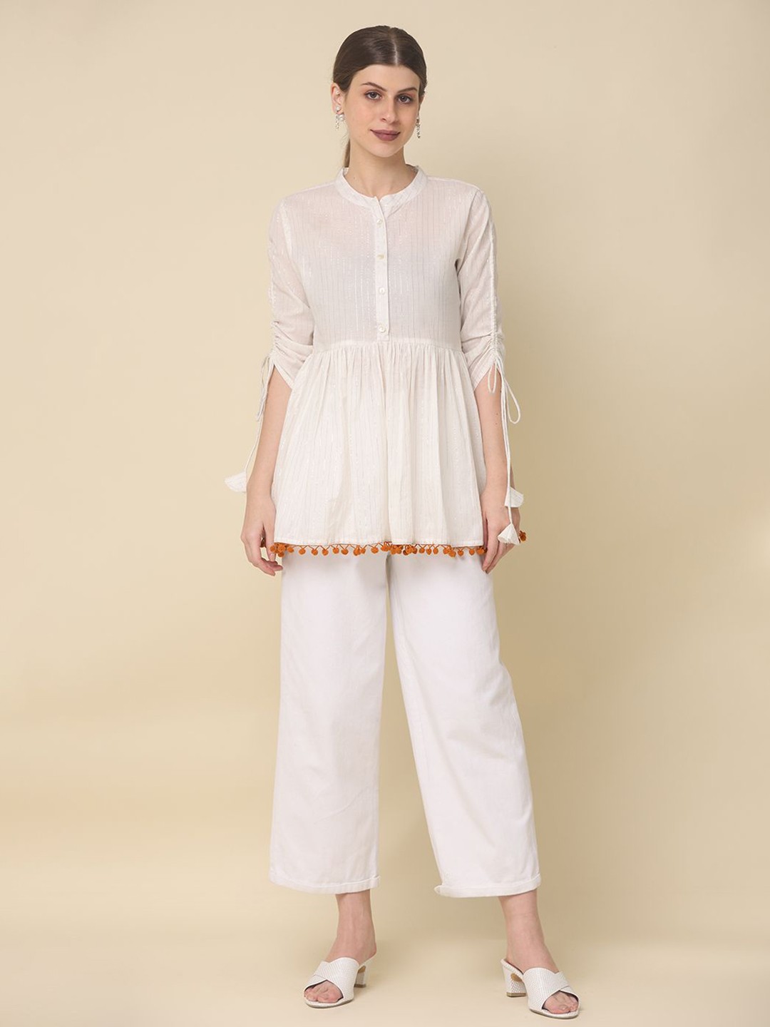 

all about you Striped Mandarin Collar Cotton Longline Top, White