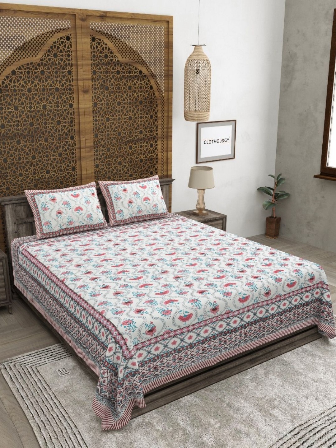 

CLOTHOLOGY Red & White Floral 180 TC Cotton King Bedsheet with 2 Pillow Covers