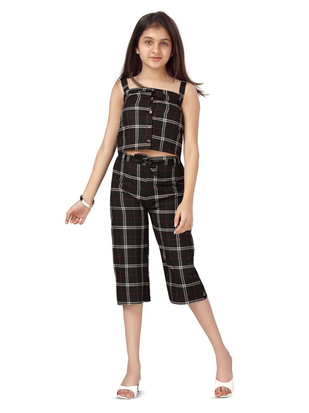 

BAESD Girls Pure Cotton Checked Top with Capris, Black