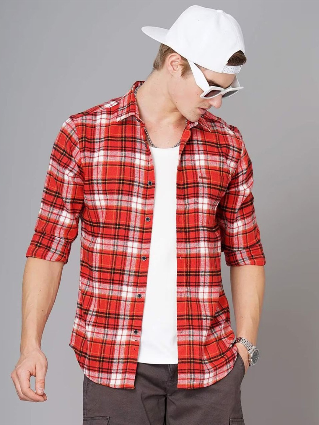 

British Club Men Smart Spread Collar Tartan Checked Cotton Slim Fit Casual Shirt, Red