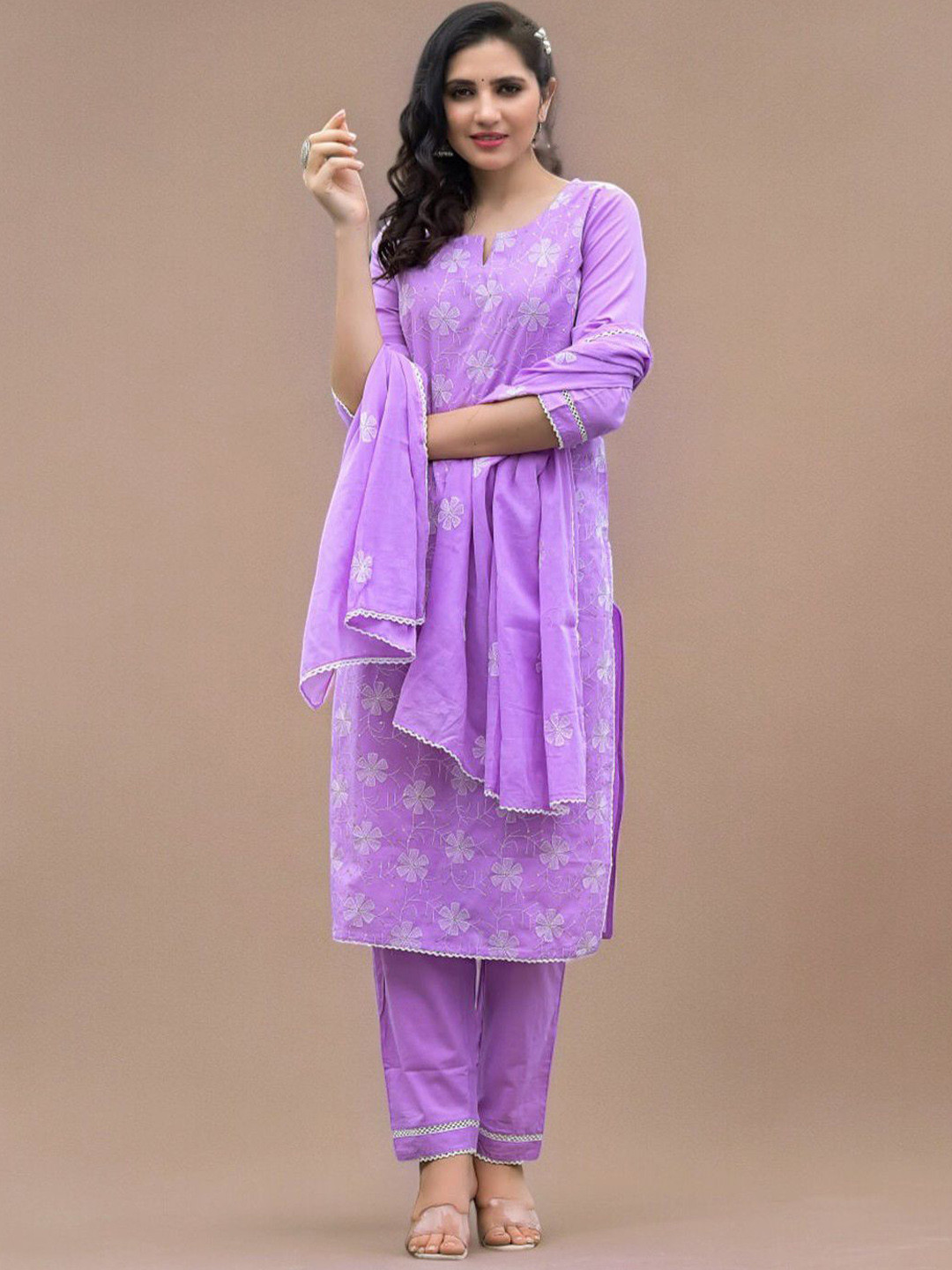 

ARAVALII Floral Embroidered Beads & Stones Pure Cotton Kurta With Trousers & Dupatta, Purple