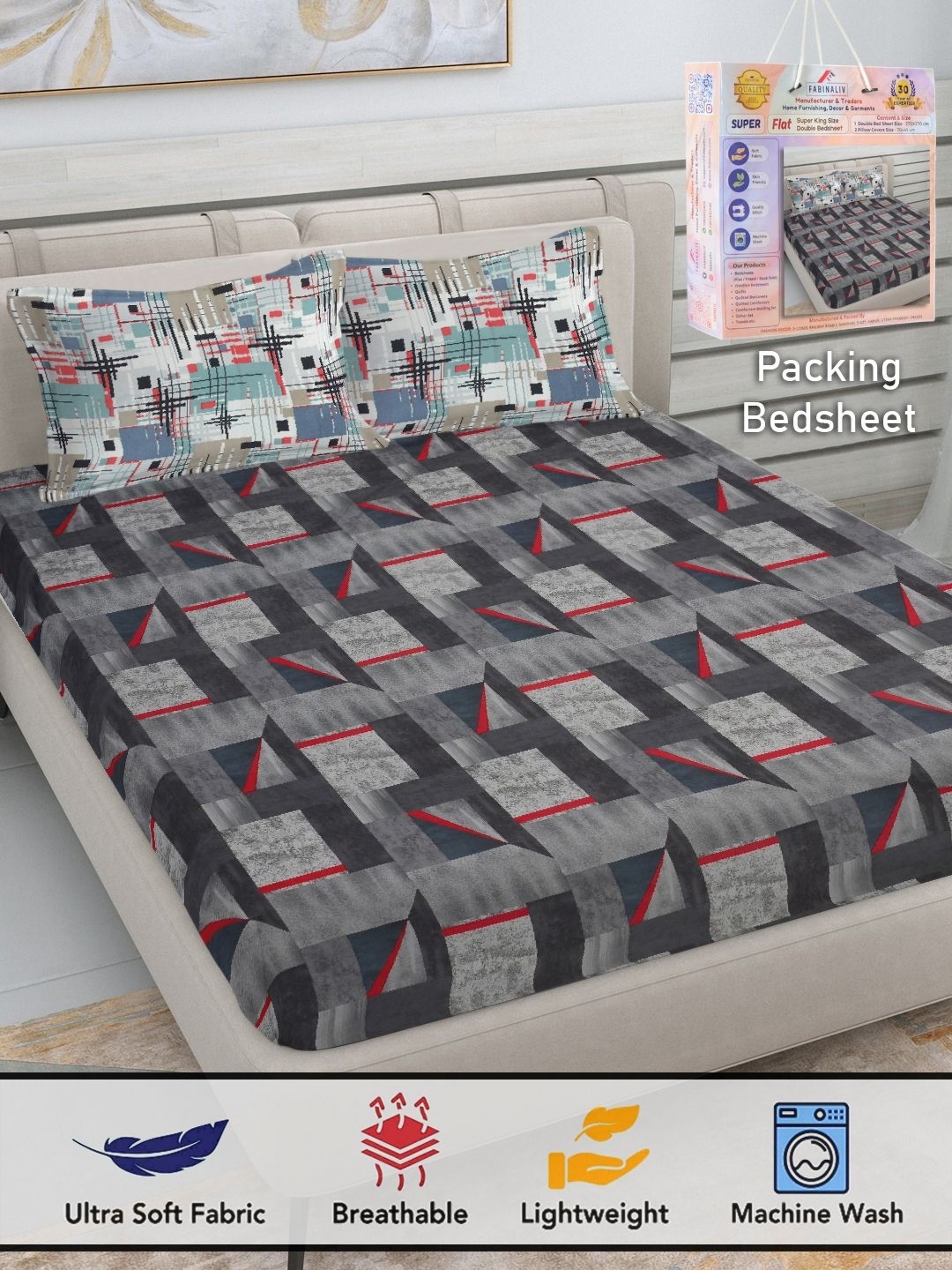 

FABINALIV Grey & White Geometric 300 TC King Bedsheet with 2 Pillow Covers