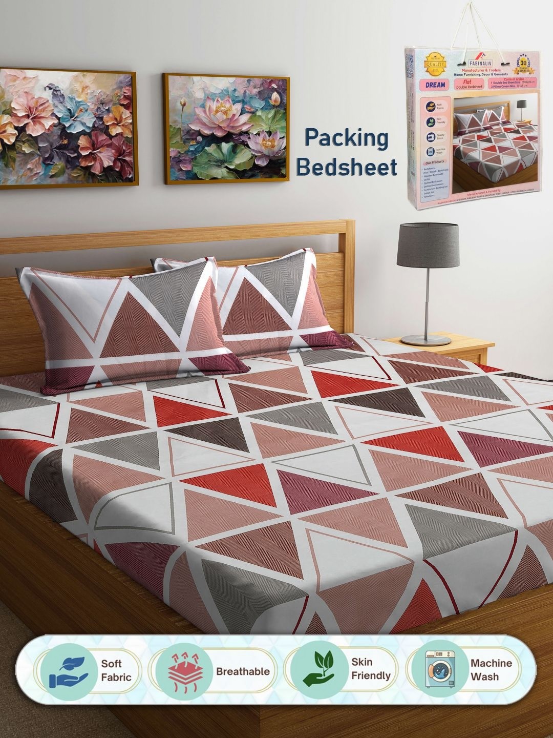 

FABINALIV White & Red Geometric 300 TC King Bedsheet with 2 Pillow Covers