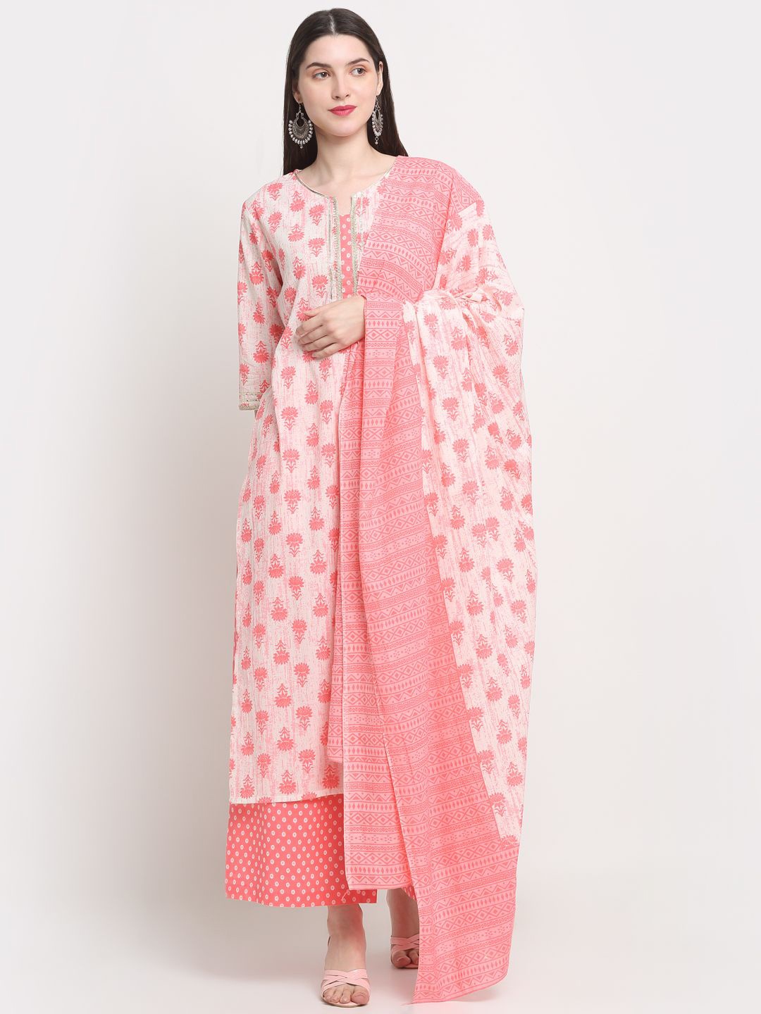 

KALINI Floral Printed Notched Neck Pure Cotton Straight Kurta With Palazzos & Dupatta, Pink