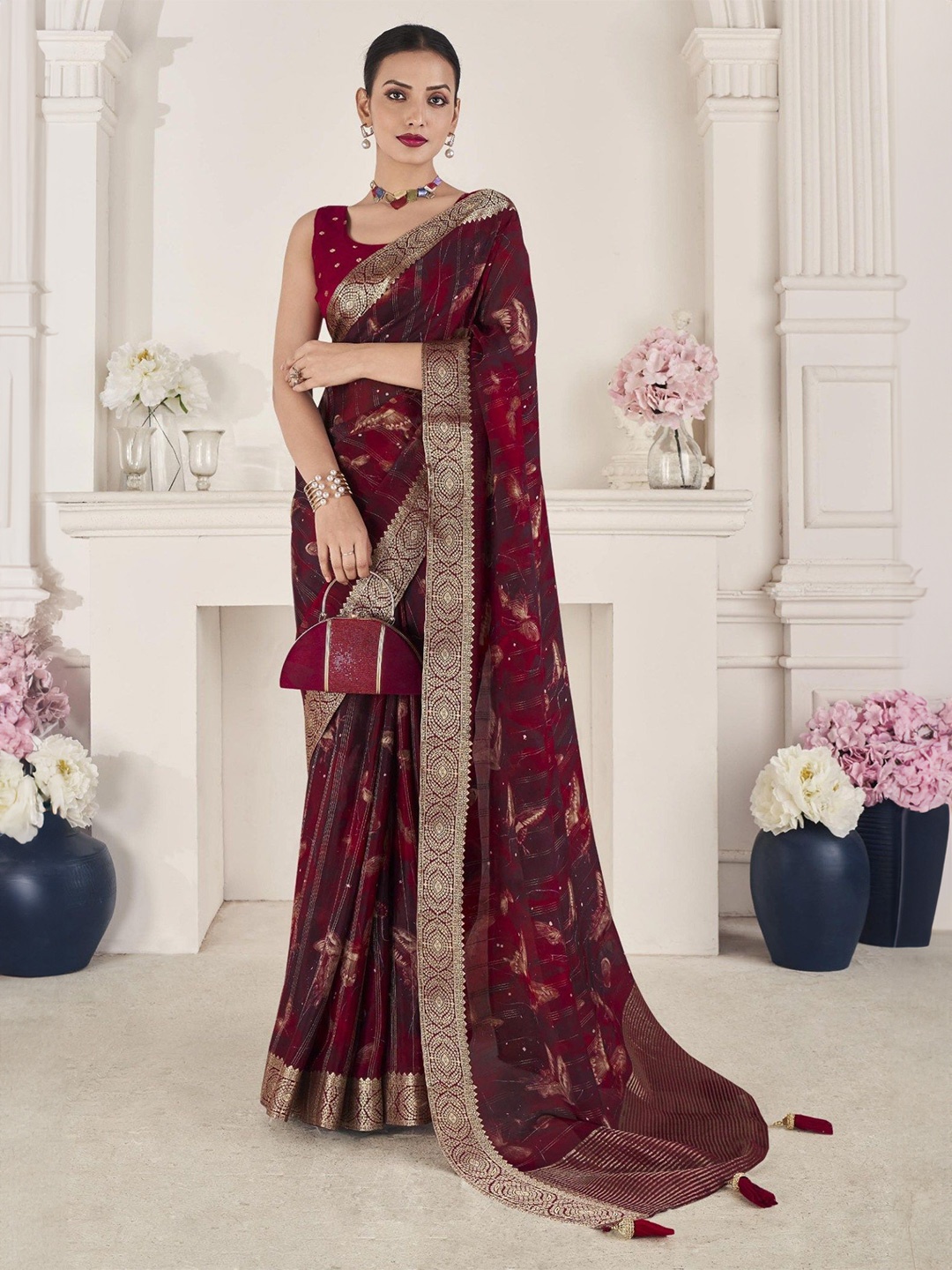 

MySilkLove Floral Embroidered Silk Blend Handloom Banarasi Saree, Maroon