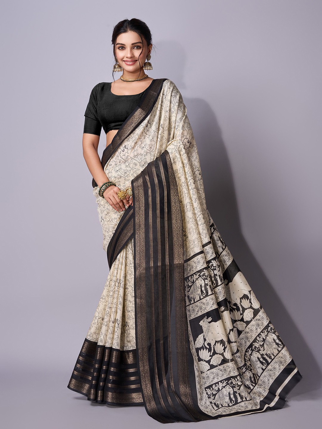 

Sitanjali Floral Zari Art Silk Chanderi Saree, White