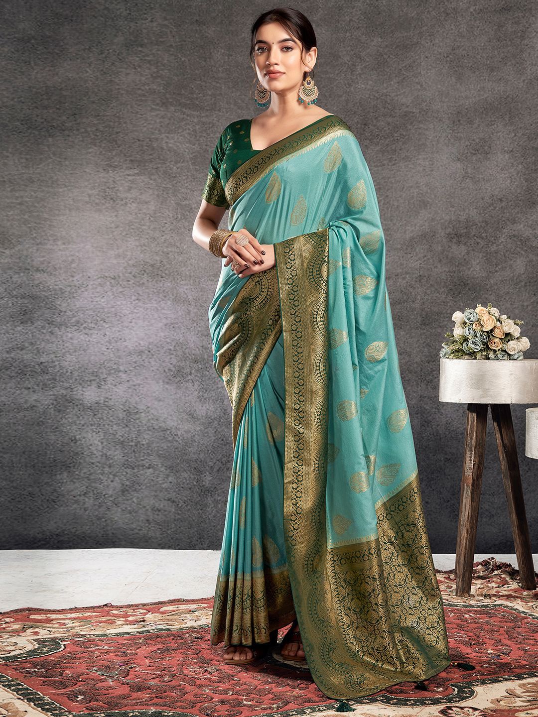 

Satrani Woven Design Zari Pure Georgette Banarasi Saree, Turquoise blue