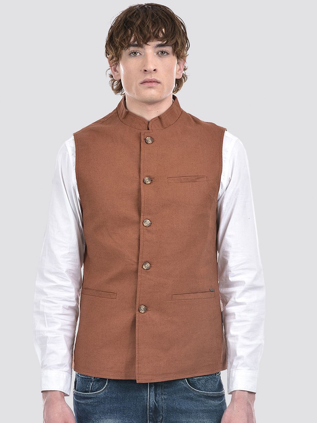 

Numero Uno Cotton Linen Nehru Jacket, Brown