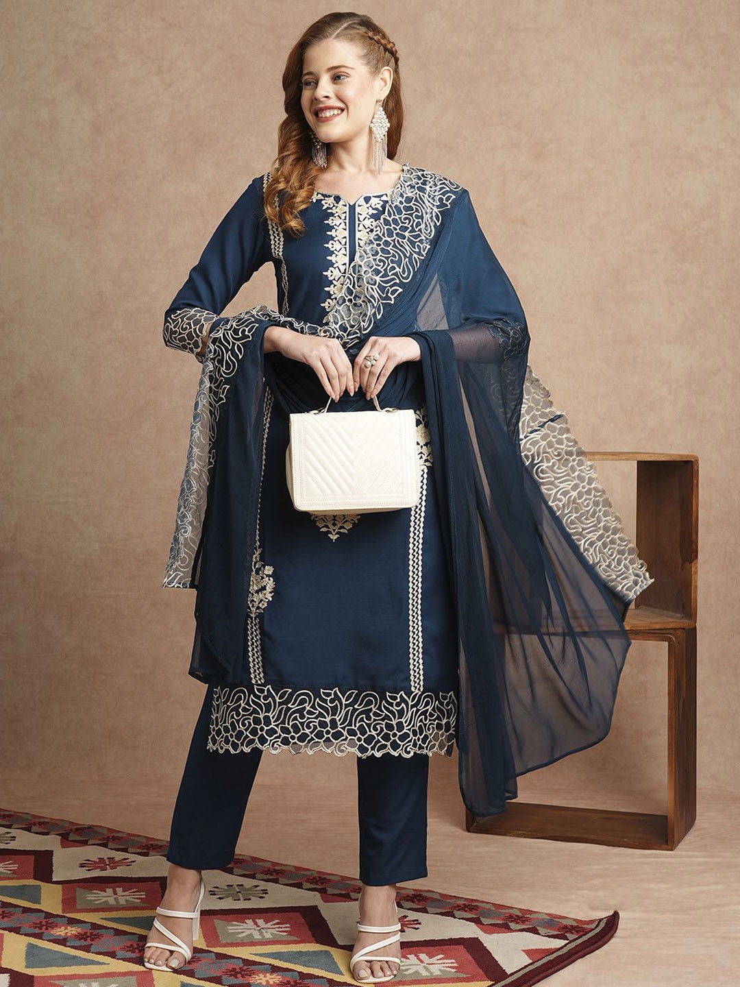 

Anni Designer Floral Embroidered Kurta with Trousers & Dupatta, Blue