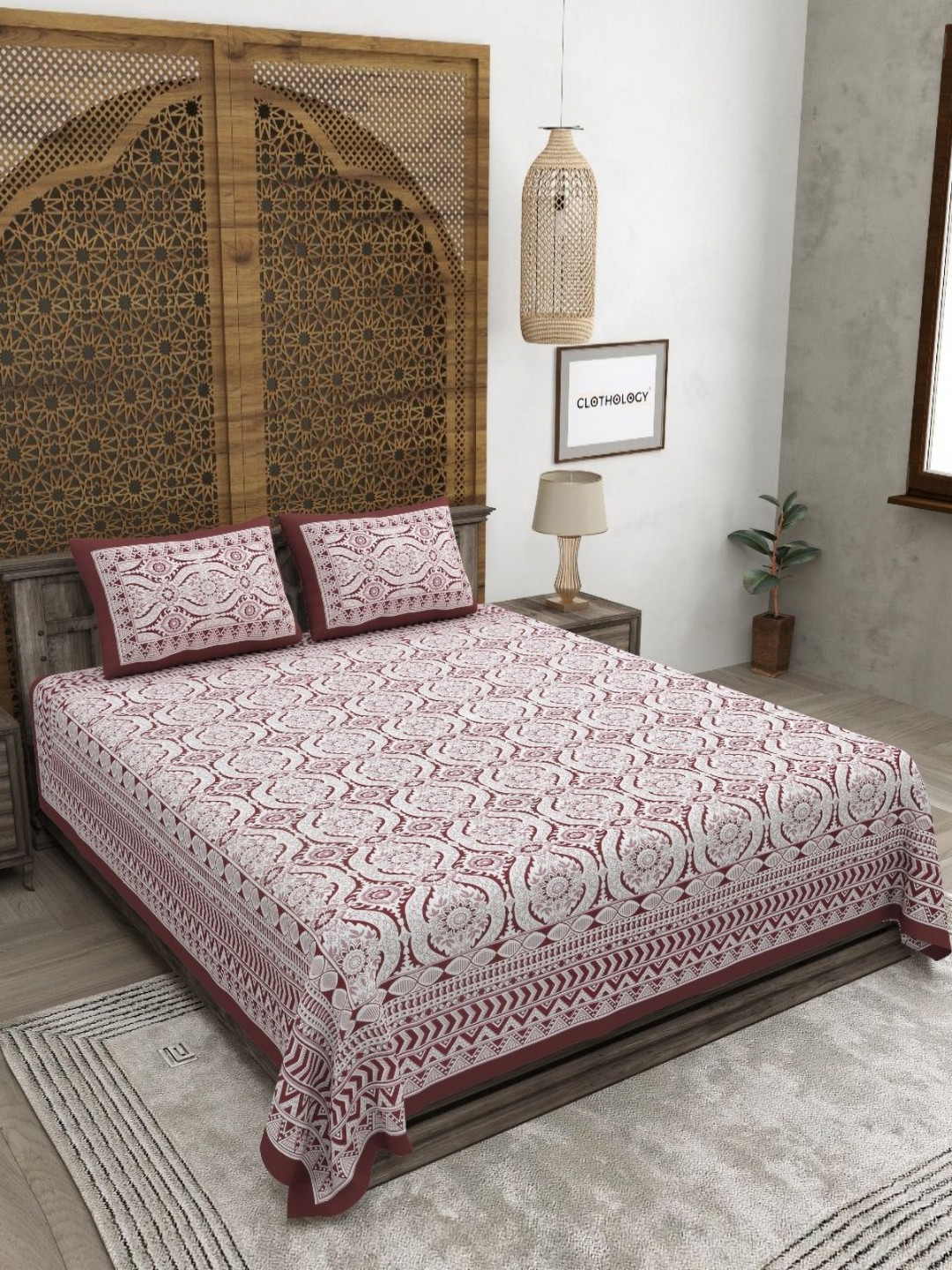 

CLOTHOLOGY Maroon & White 180 TC King Cotton Bedsheet with 2 Pillow Covers