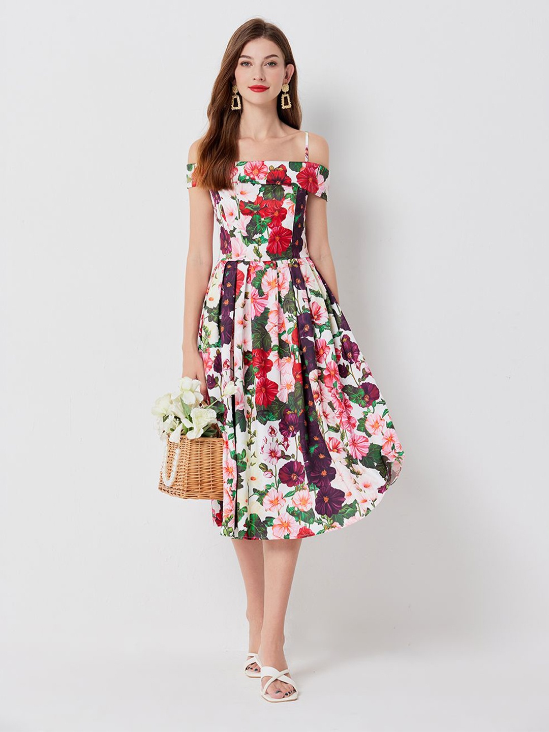 

JC Collection Floral Print Off-Shoulder Fit & Flare Midi Dress, Multi