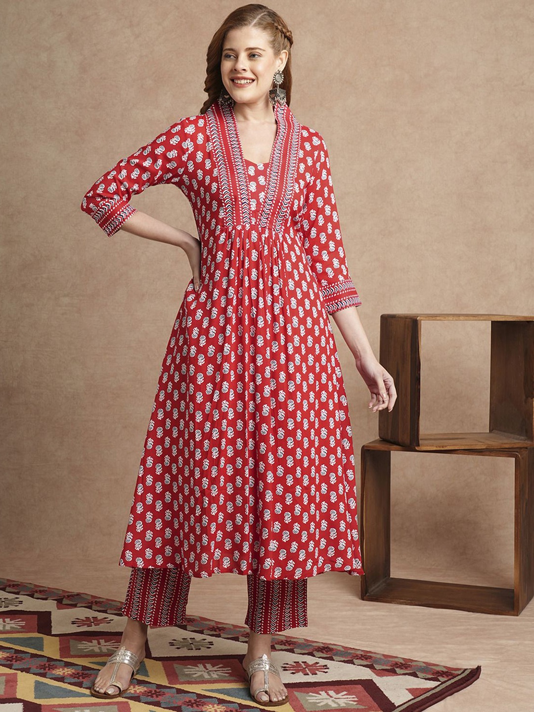 

Anni Designer Floral Printed V Neck Kurta Anarkali with Trousers, Red