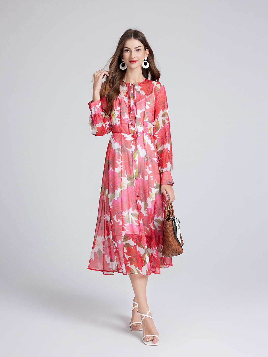 

JC Collection Floral Print Tie-Up Neck A-Line Midi Dress, Red