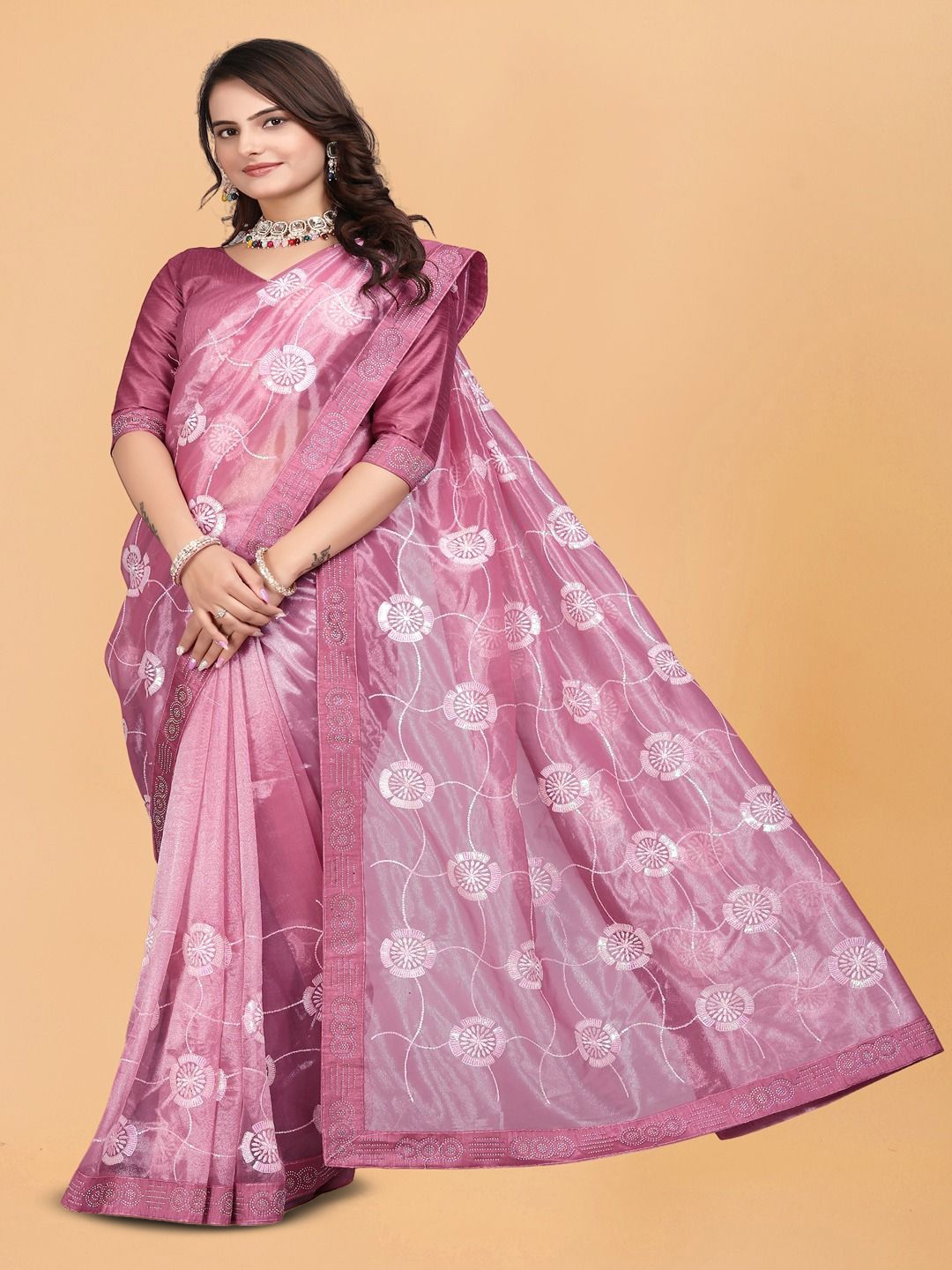 

ANJAVI FASHION Floral Embroidered Net Heavy Work Maheshwari Saree, Pink
