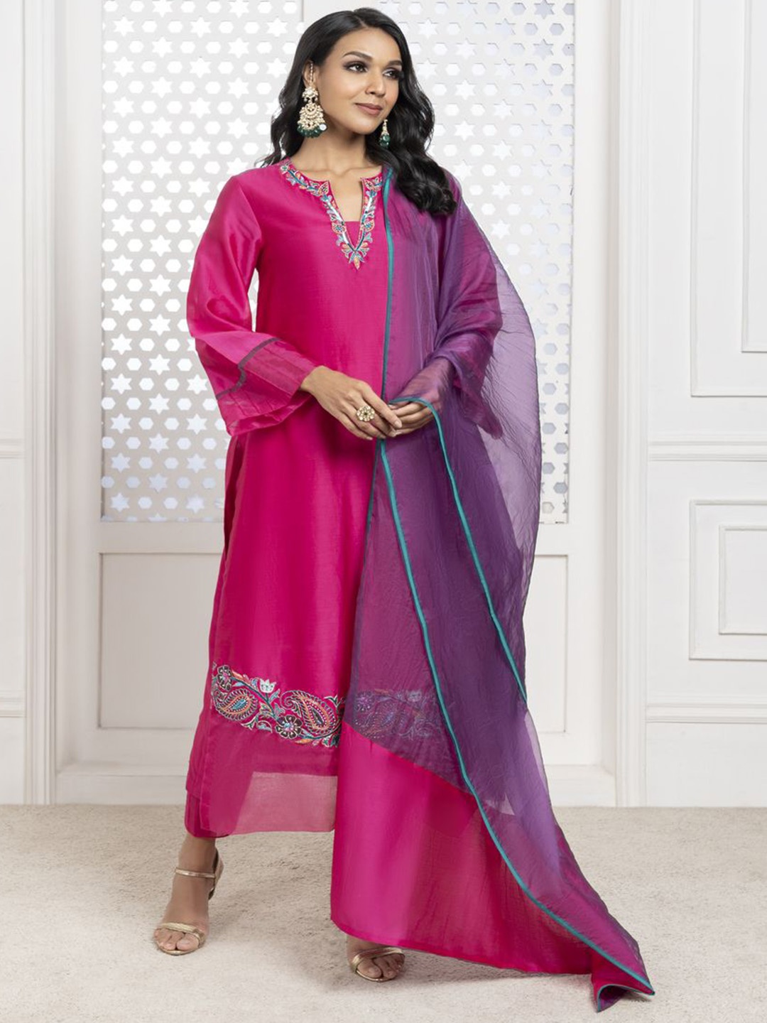 

The Aarya Ethnic Motifs Chanderi Cotton Straight Kurta with Trousers & With Dupatta, Pink