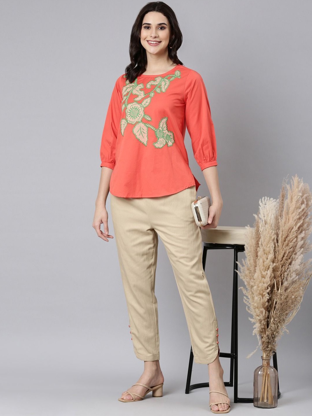 

Zolo Label Printed Pure Cotton Top With Trouser, Orange