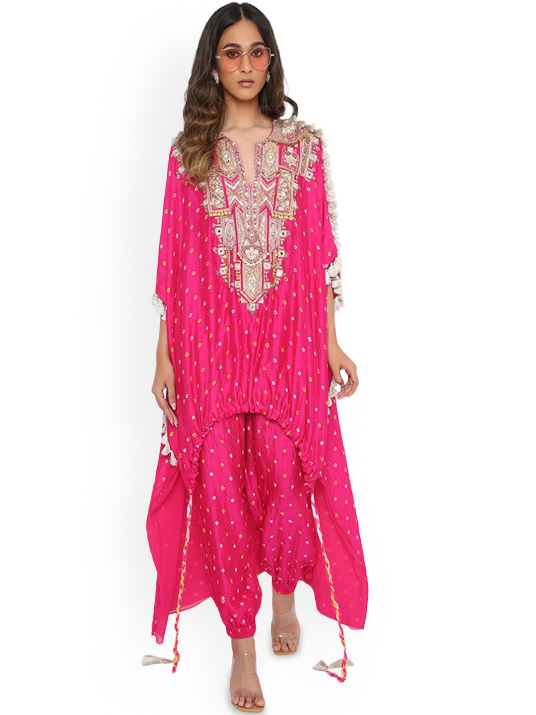 

Payal Singhal Ethnic Embroidered Yoke Design Kaftan Kurta & Dhoti Pants, Pink