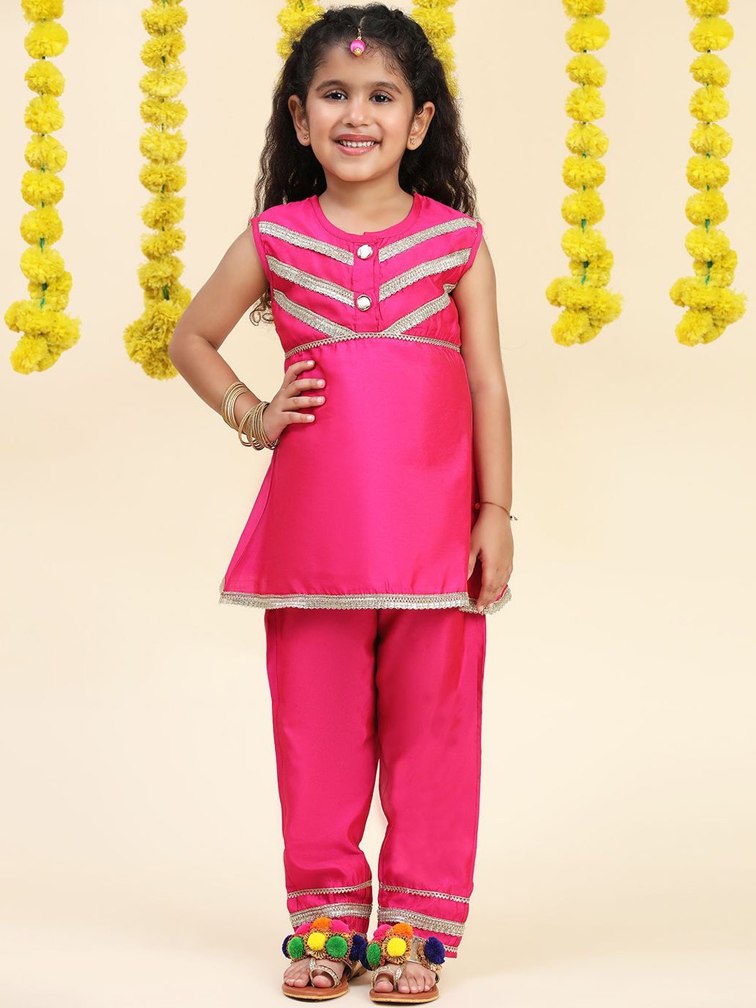 

Cutiekins Girls A-Line Gotta Patti Silk Kurta with Trousers, Pink
