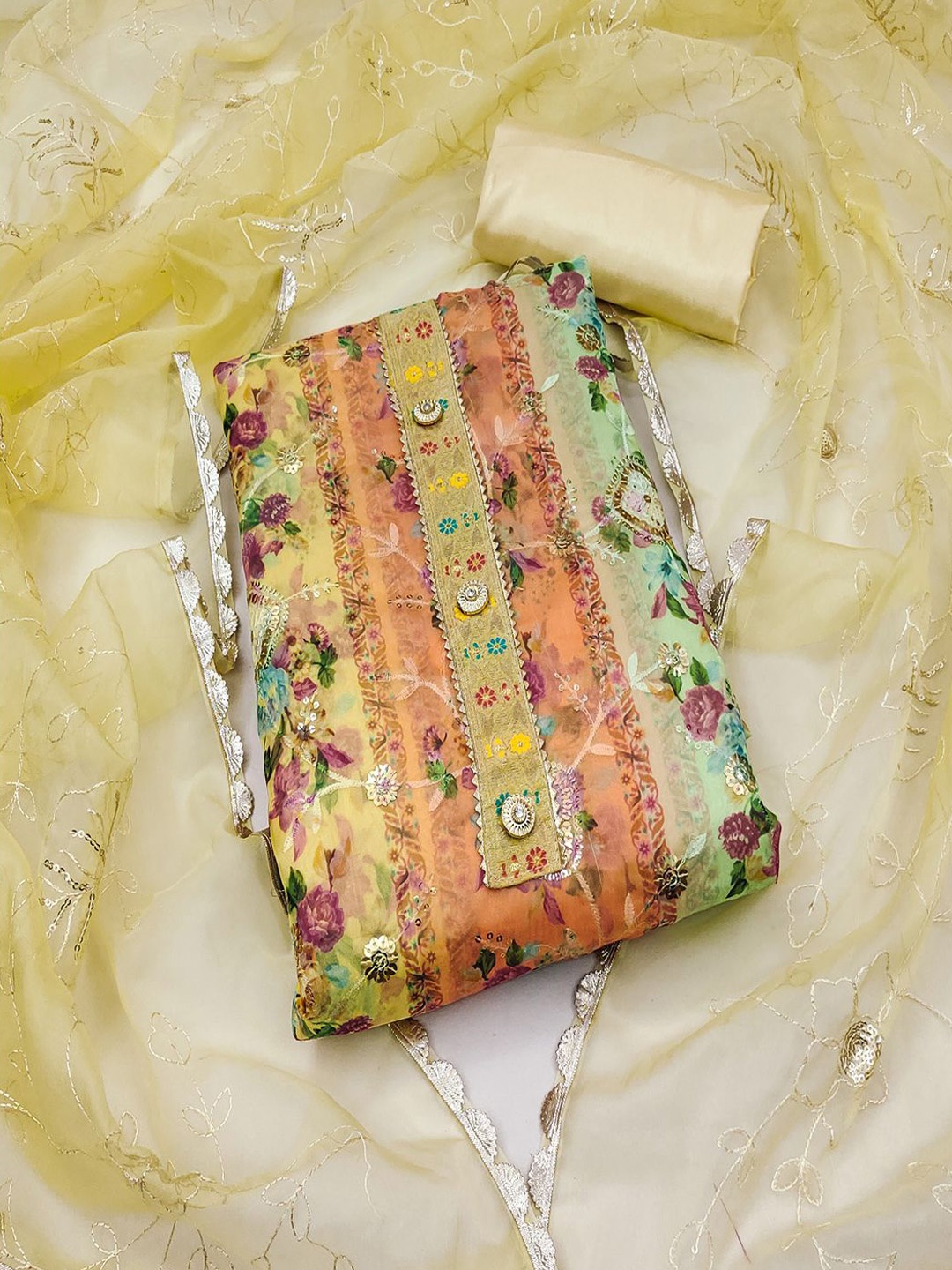 

Lilots Organza Unstitched Dress Material, Yellow