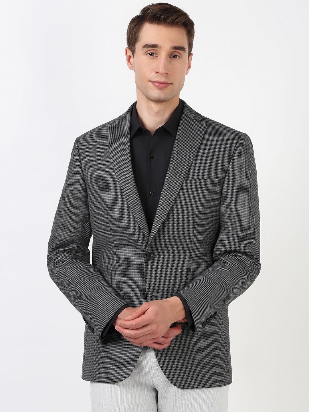 

Peter England Elite Self Design Slim Fit Single Breasted Blazer, Grey