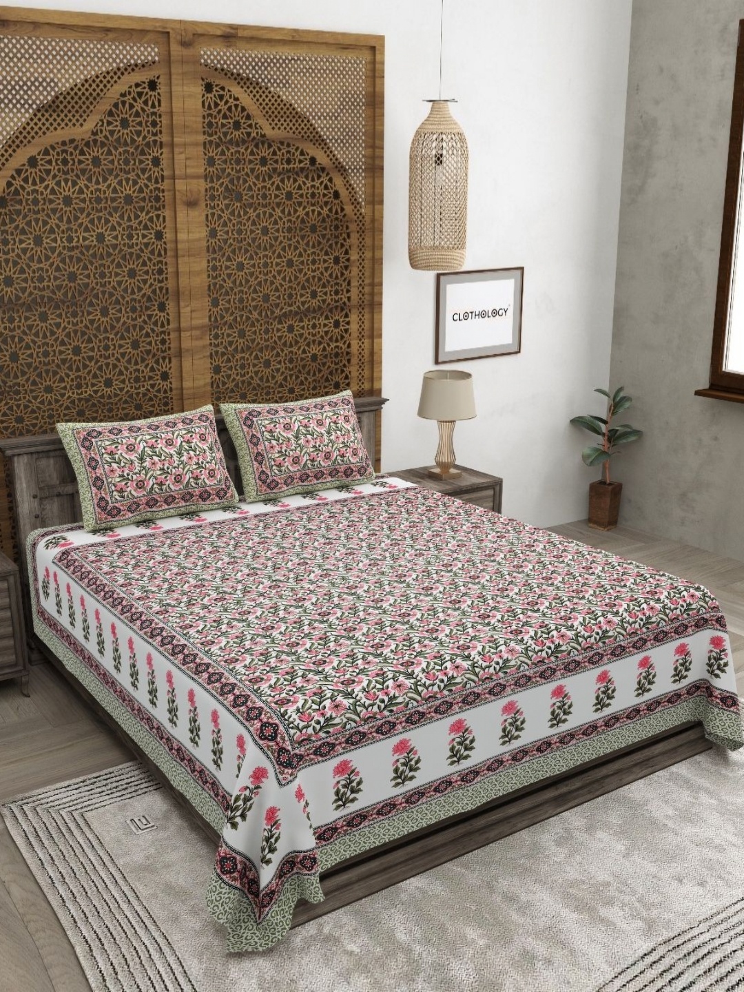 

CLOTHOLOGY Green & White Floral 180TC Pure Cotton Double King Bedsheet & 2 Pillow Covers
