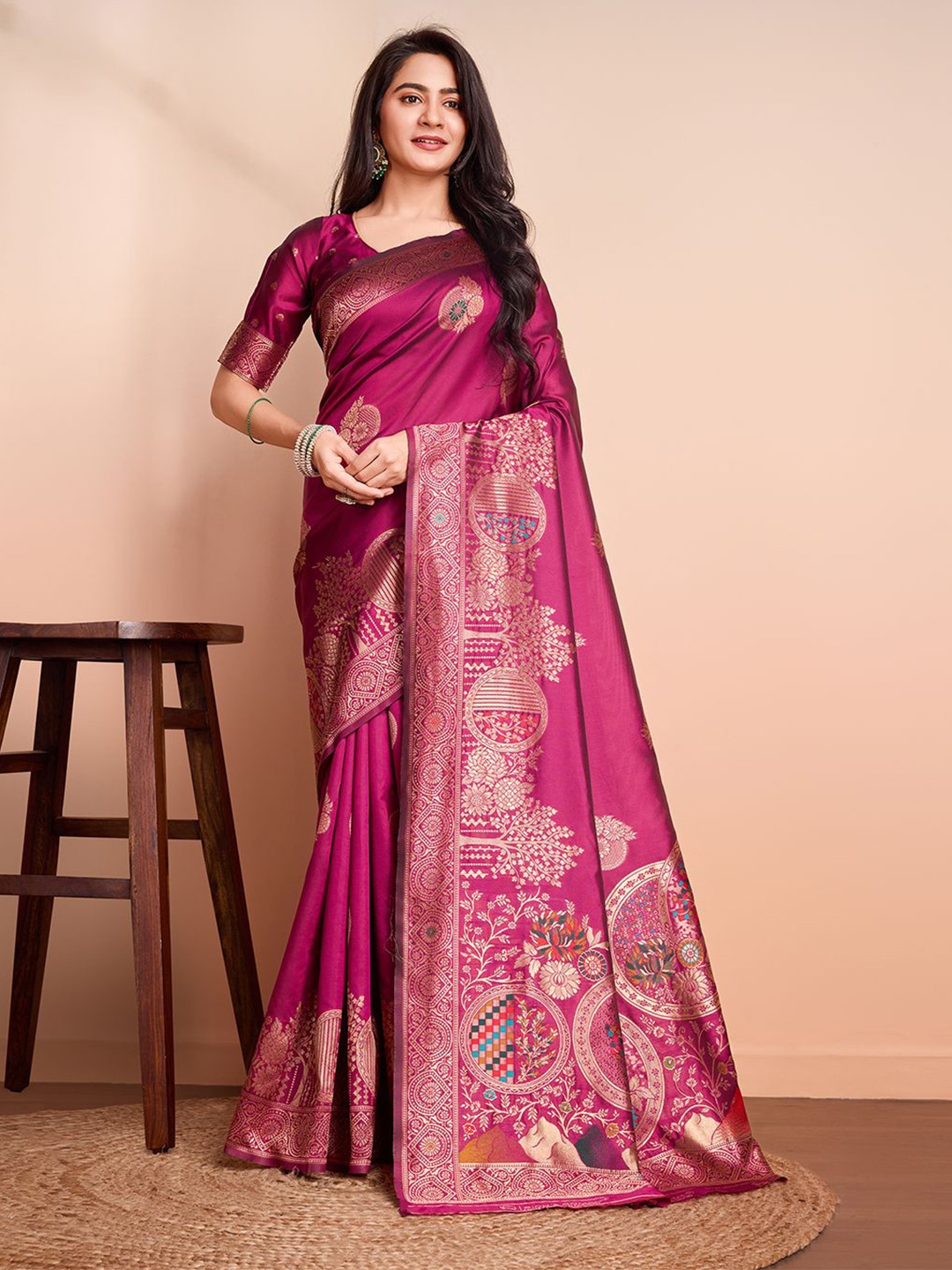 

RICH & ROMAN Woven Design Zari Pure Silk Banarasi Saree, Magenta