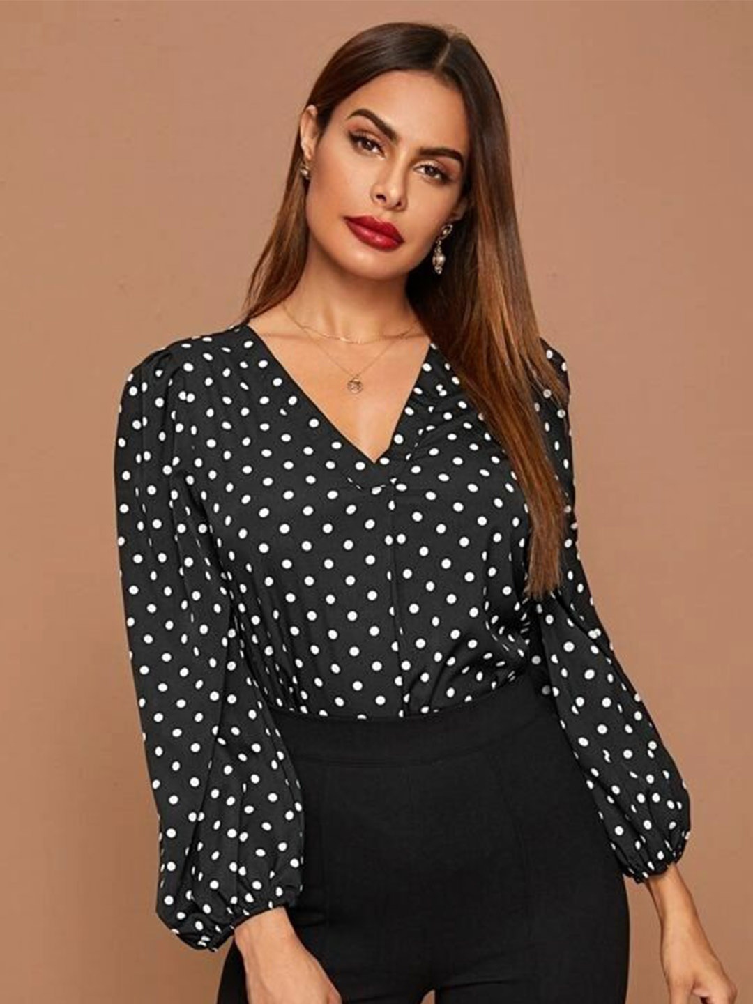 

Stylecast X Slyck Polka Dot Print Puff Sleeve Blouson Top, Black