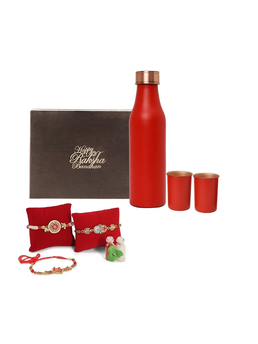 

INTERNATIONAL GIFT Set Of 6 Rakhi With Water Bottle & Glass, Red