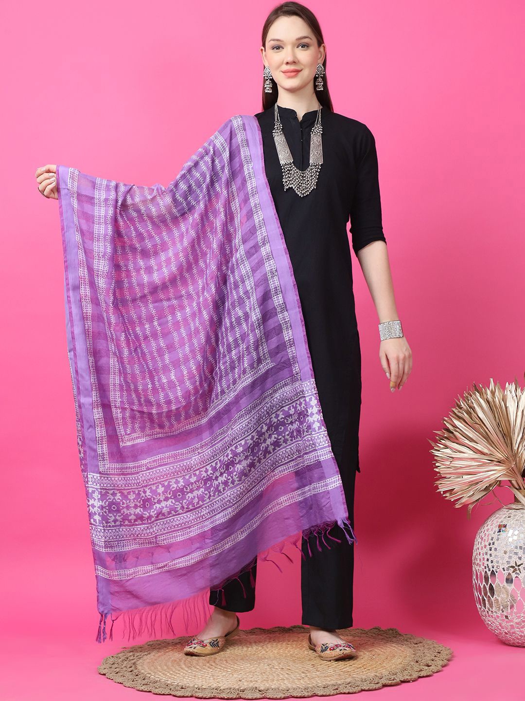 

LOOM LEGACY Ethnic Motifs Printed Cotton Silk Dupatta, Purple