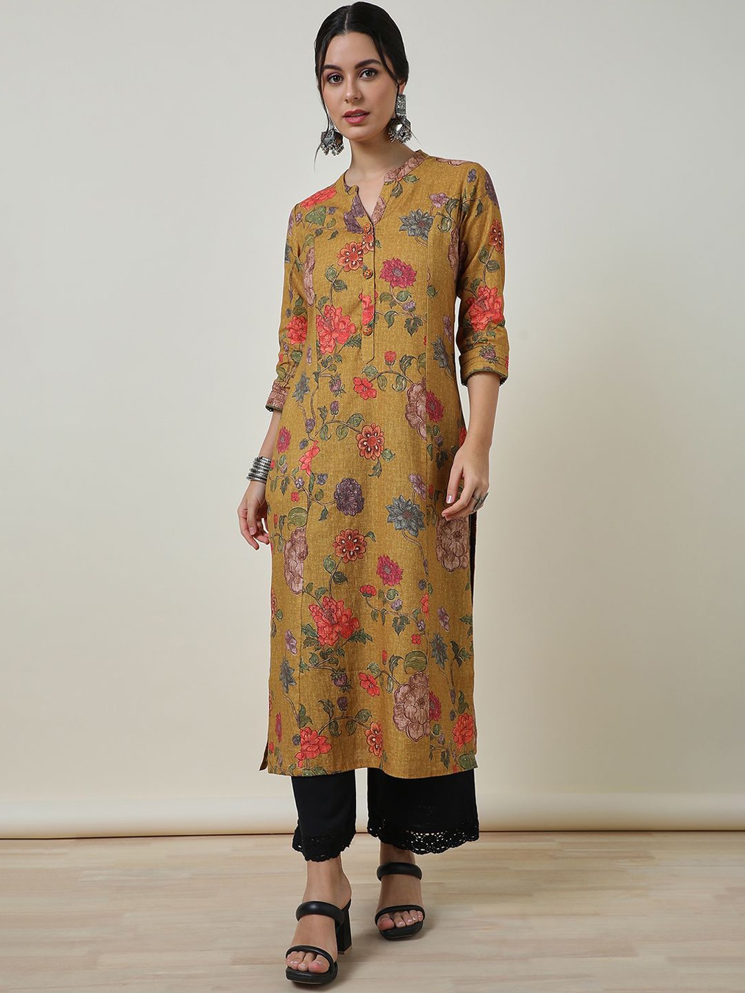 

Soch Floral Printed Mandrain Collar Linen Straight Kurta, Mustard