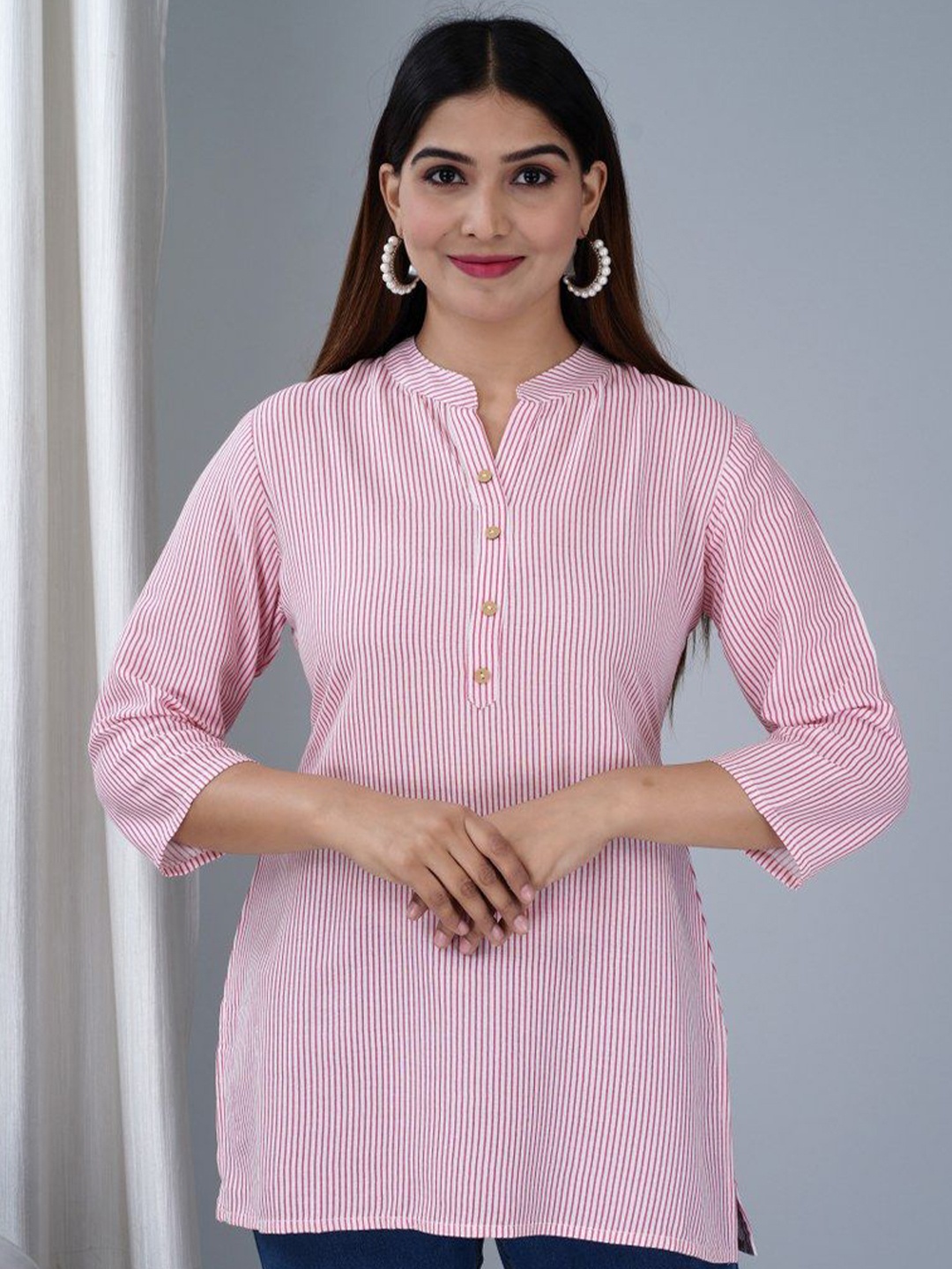 

TANISHA Women Striped Mandarin Collar Top, Pink