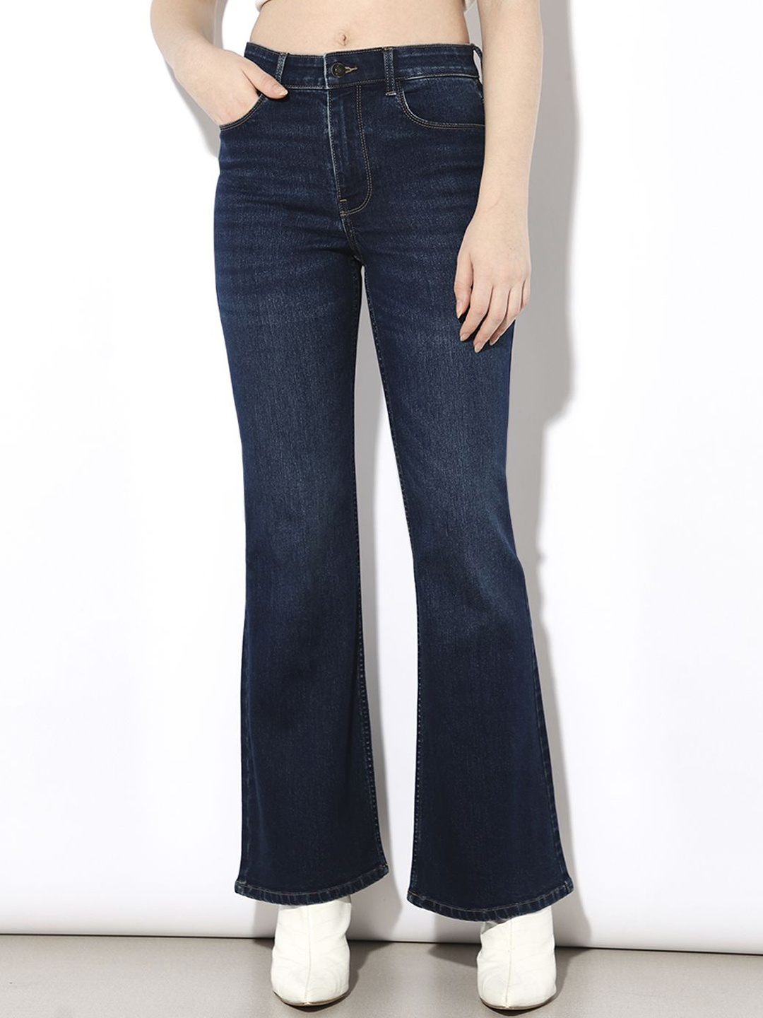 

ONLY Women Flared High-Rise Low Distress Jeans, Blue