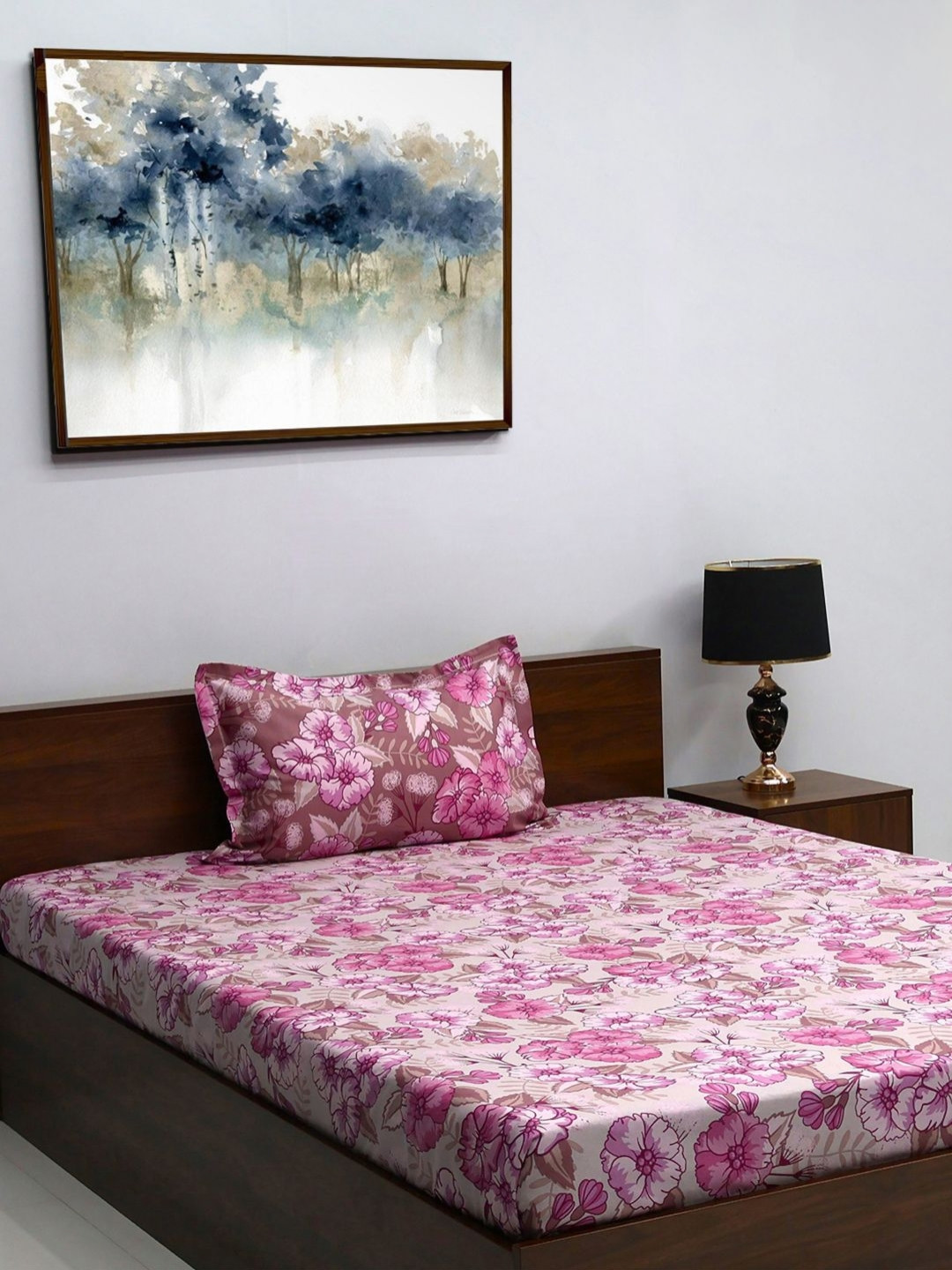 

BOMBAY DYEING Blumen Pink & Brown Floral 104 TC Pure Cotton Single Bedsheet Set
