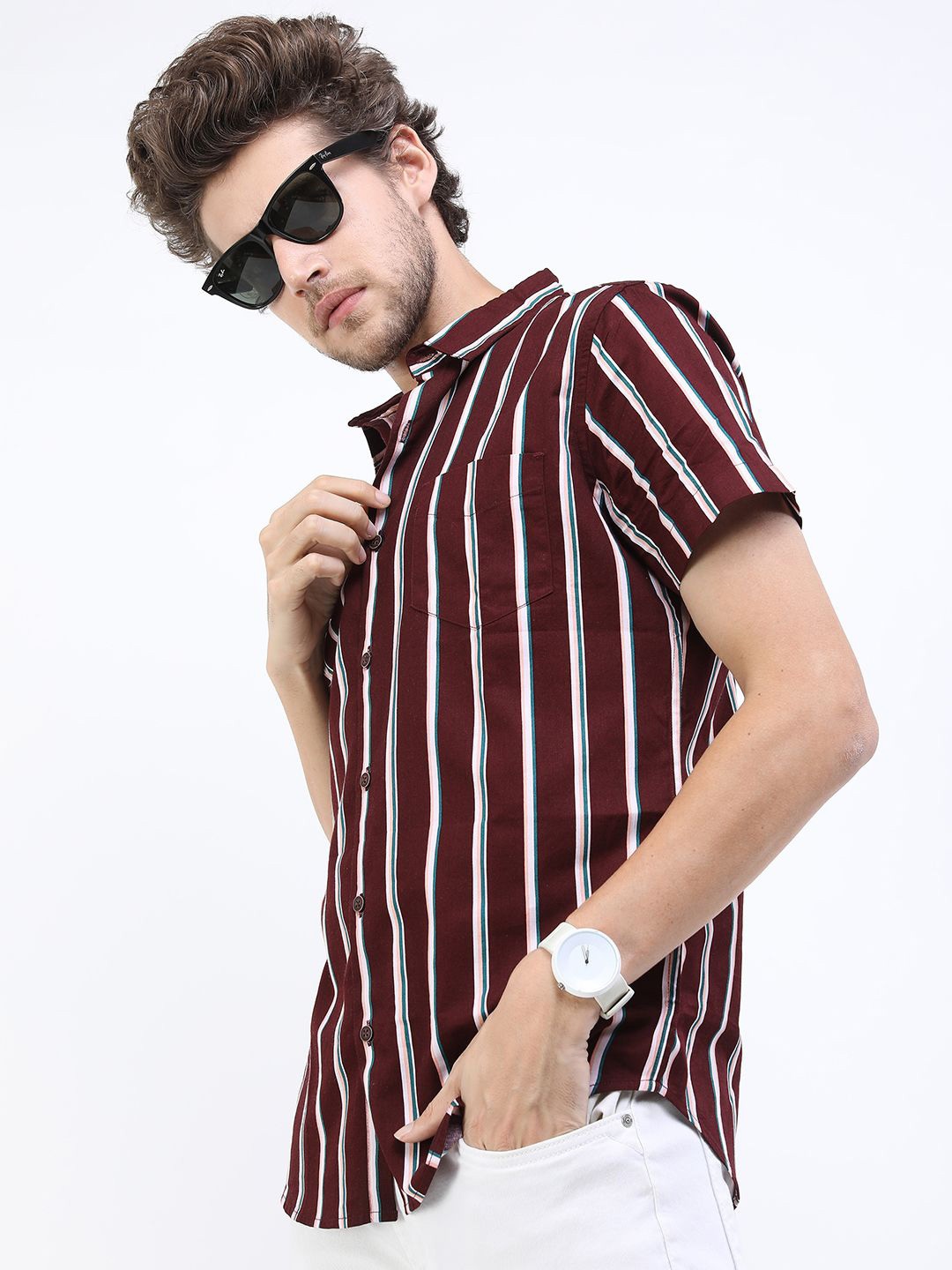 

HIGHLANDER Men Slim Fit Opaque Striped Casual Shirt, Maroon