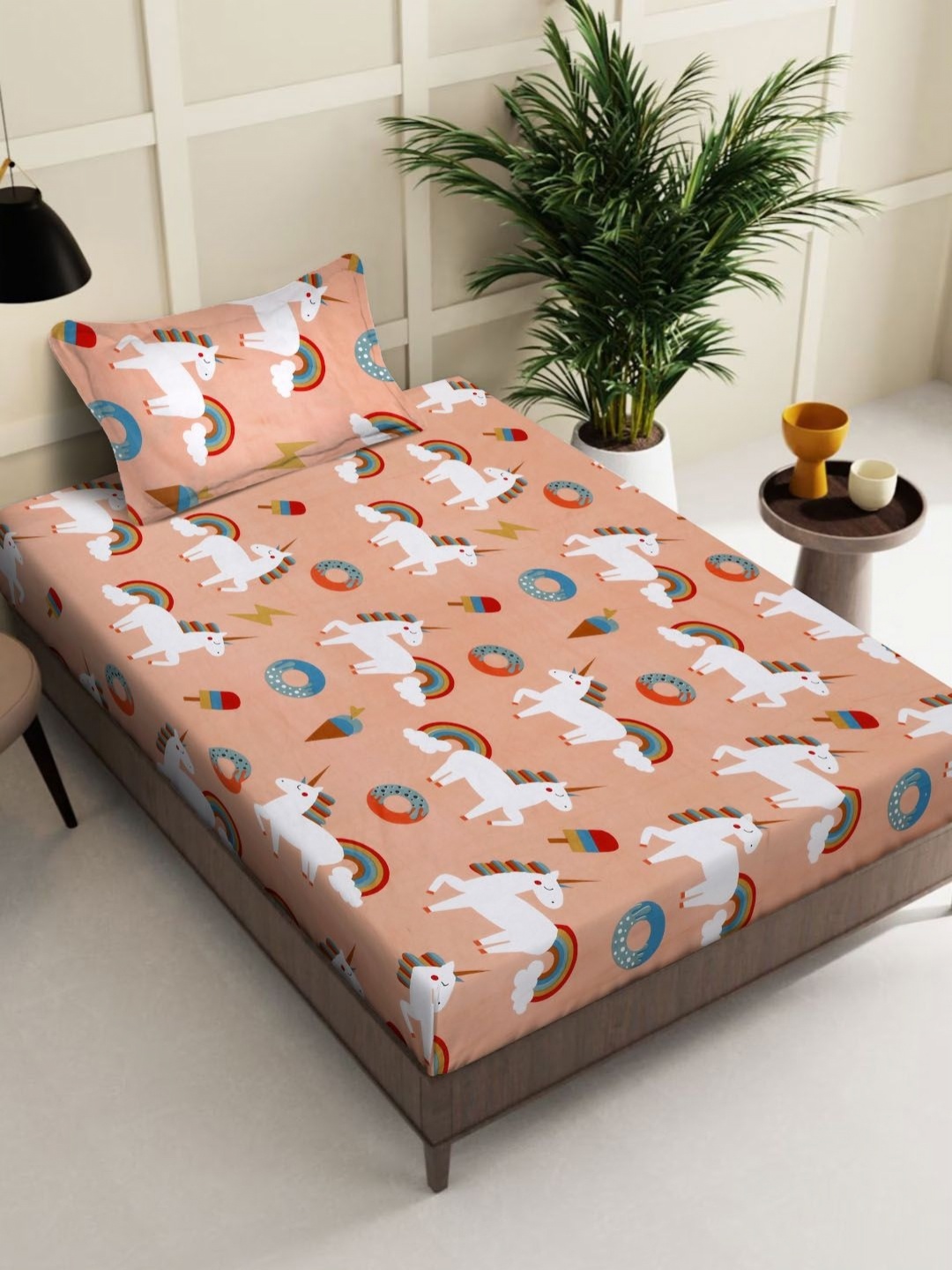 

KLOTTHE Orange Colored Printed 400TC Pure Cotton Single Bedsheets With Pillow Cover