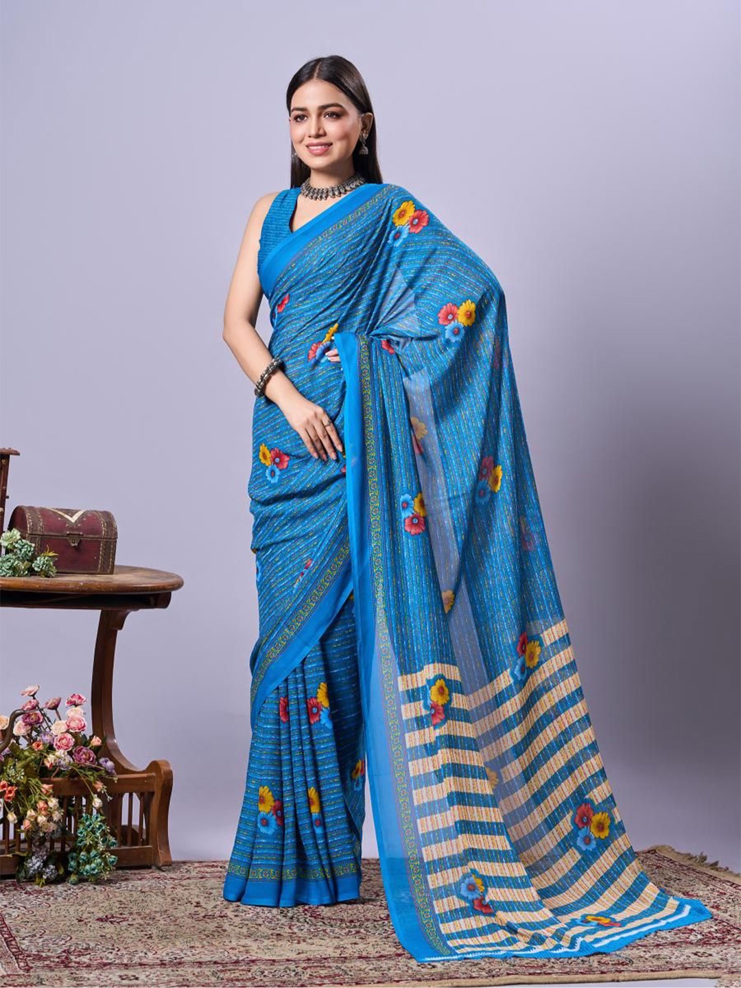 

VIRICA Floral Poly Georgette Saree, Blue