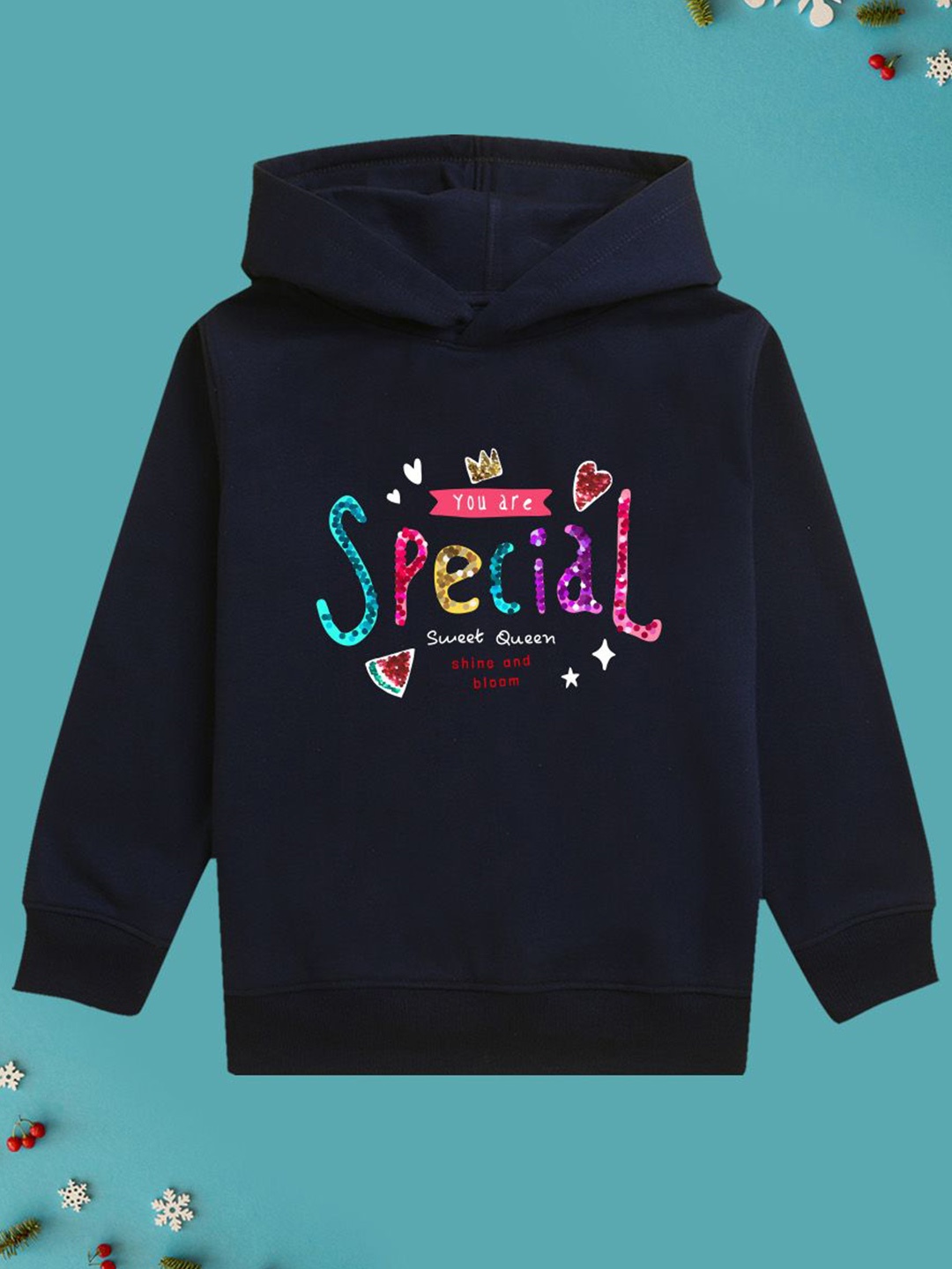 

NUSYL Girls Embellished Typography Hooded Sweatshirt, Navy blue