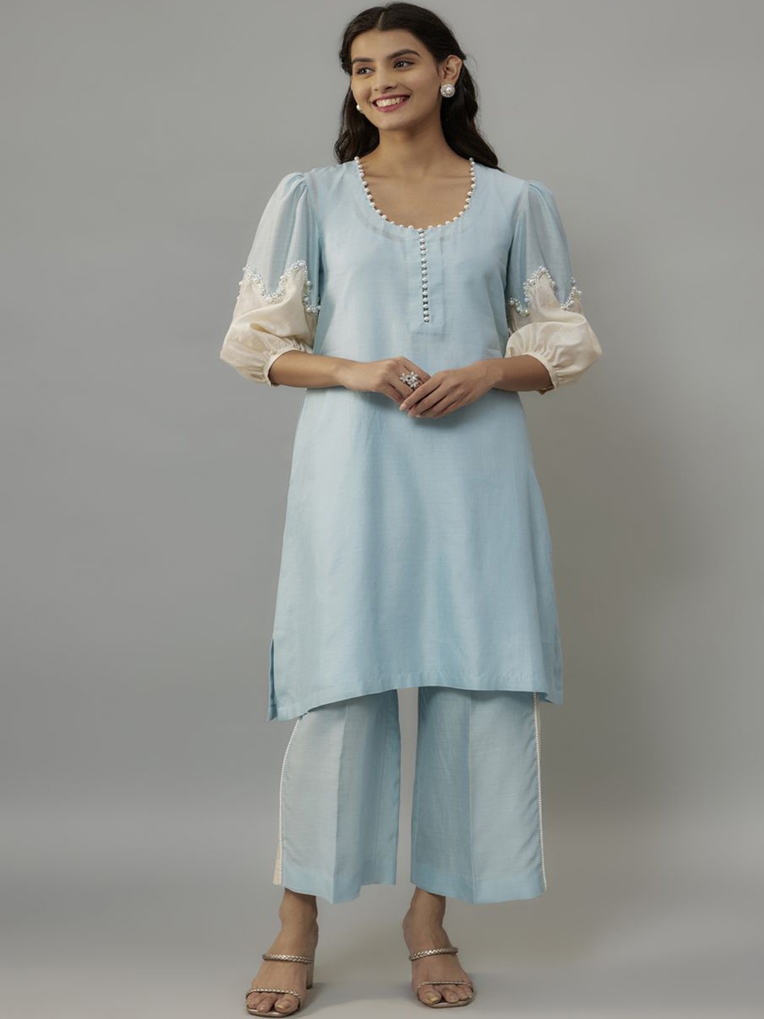 

The Aarya Embroidered Beads & Stones Chanderi Cotton Straight Kurta with Trousers, Blue