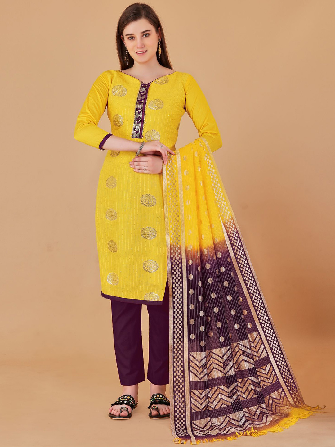 

LADY SHOPI Floral Embroidered Unstitched Dress Material, Yellow