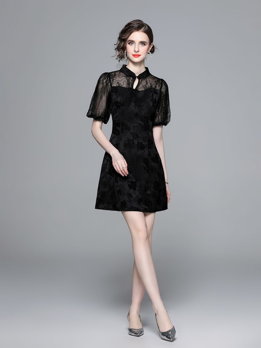 

JC Collection Floral Flared Sleeve A-Line Mini Dress, Black