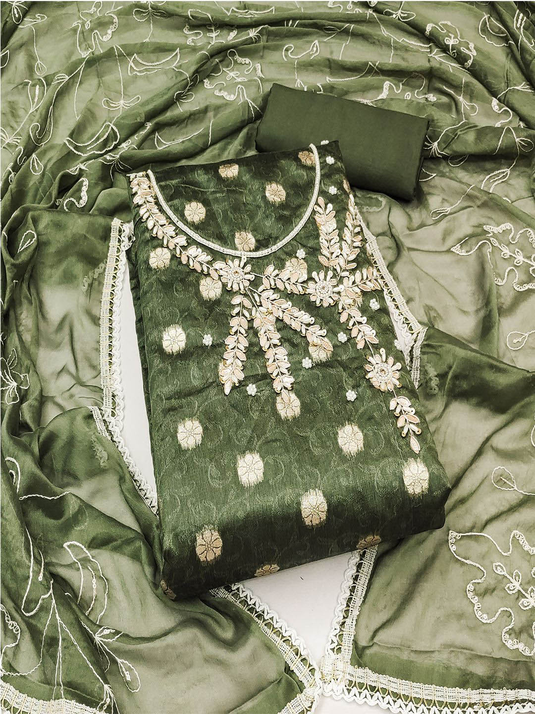 

Lilots Raw Silk Unstitched Dress Material, Green