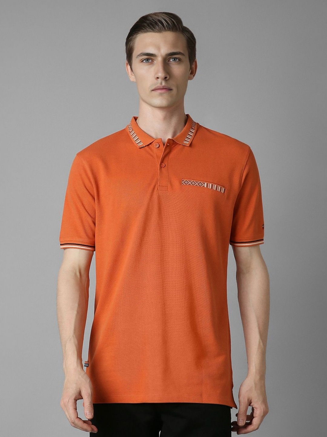 

Louis Philippe Jeans Men Solid Polo Collar Cotton Slim Fit T-Shirt, Orange