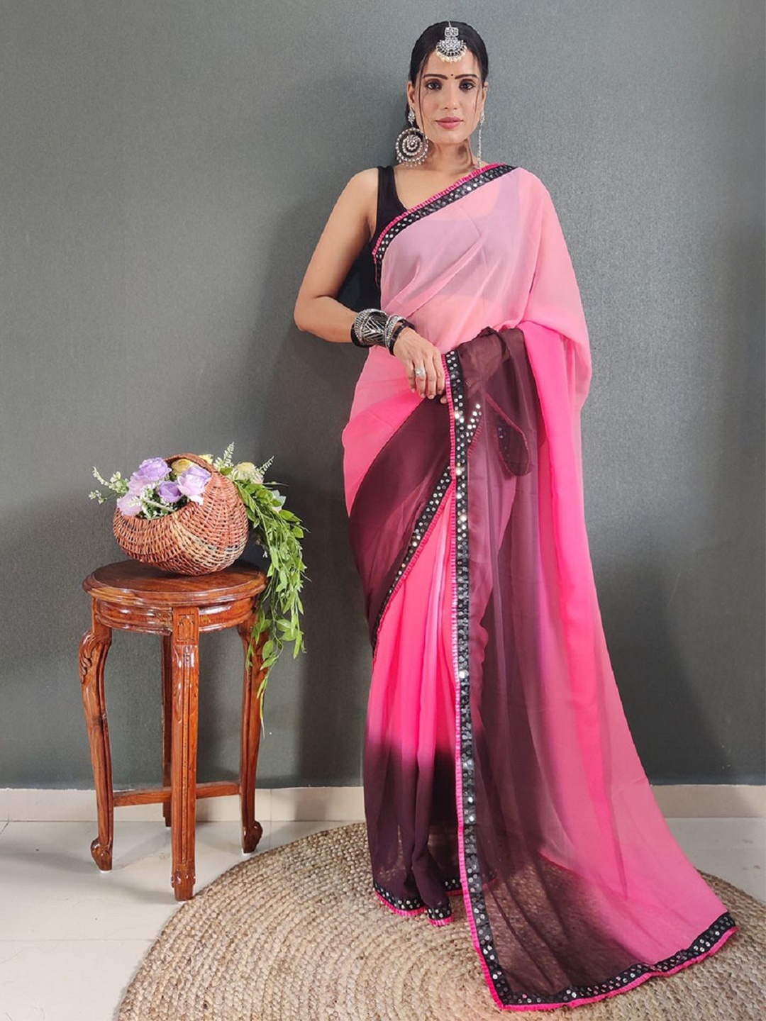 

APNISHA Ombre Sequinned Pure Georgette Ready to Wear Saree, Pink