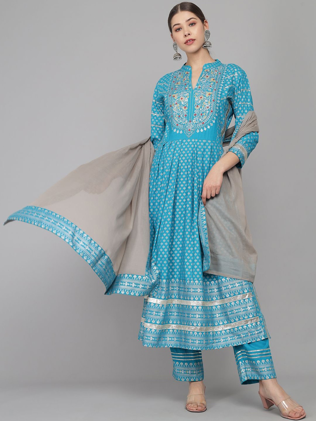 

IndigoFerry Women Ethnic Motifs Printed Empire Gotta Patti Kurta with Trousers & With Dupatta, Blue