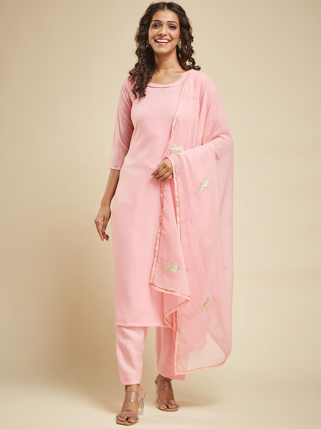 

KALINI Round Neck Gotta Patti Straight Kurta with Trousers & Dupatta, Pink