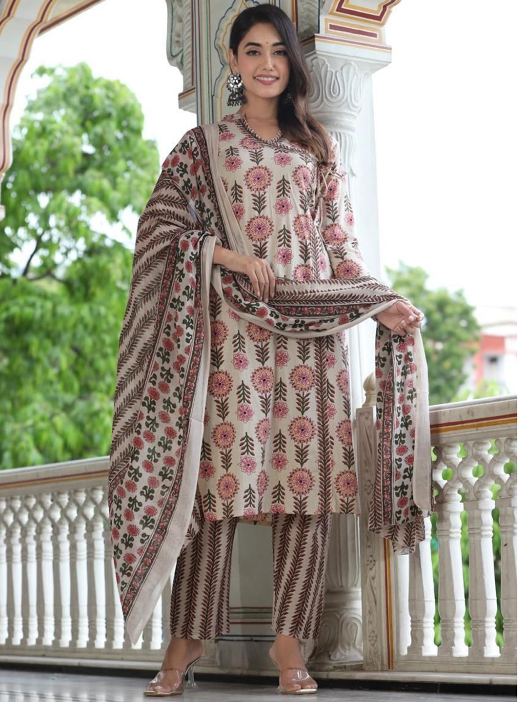 

KALINI Floral Printed V Neck Pure Cotton Straight Kurta with Trousers & Dupatta, Off white