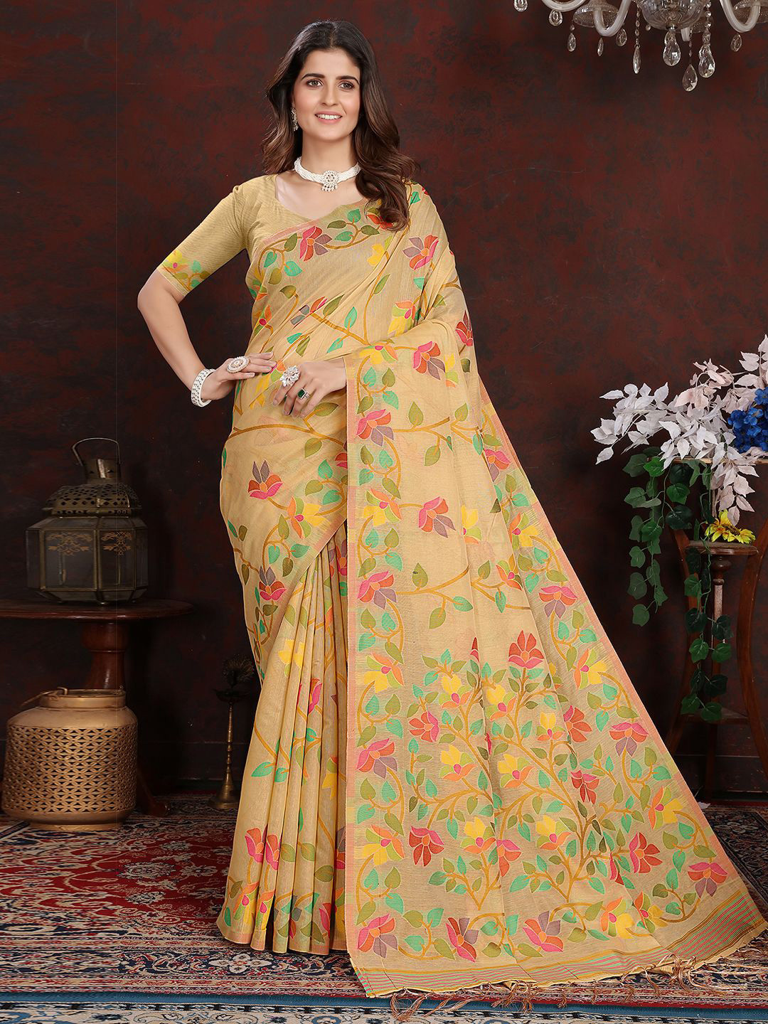 

Mitera Ethnic Motifs Pure Cotton Jamdani Saree, Beige