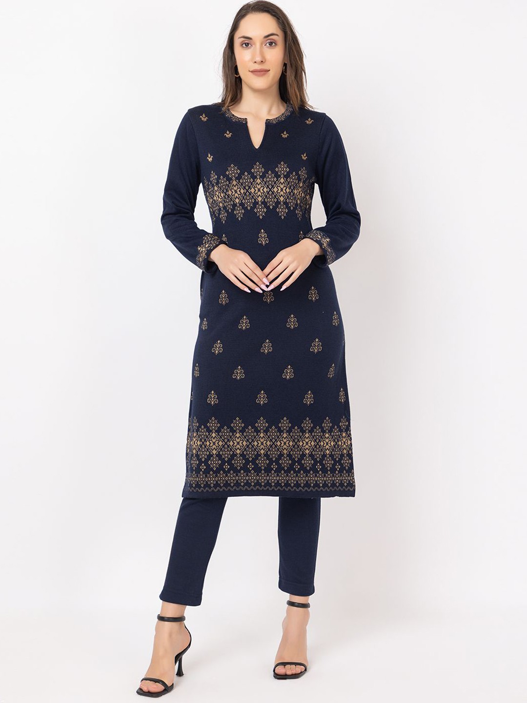 

Anouk Women Ethnic Motifs Embroidered Keyhole Neck Flared Sleeves Thread Work Jacquard Winter Wear Kurta, Navy blue